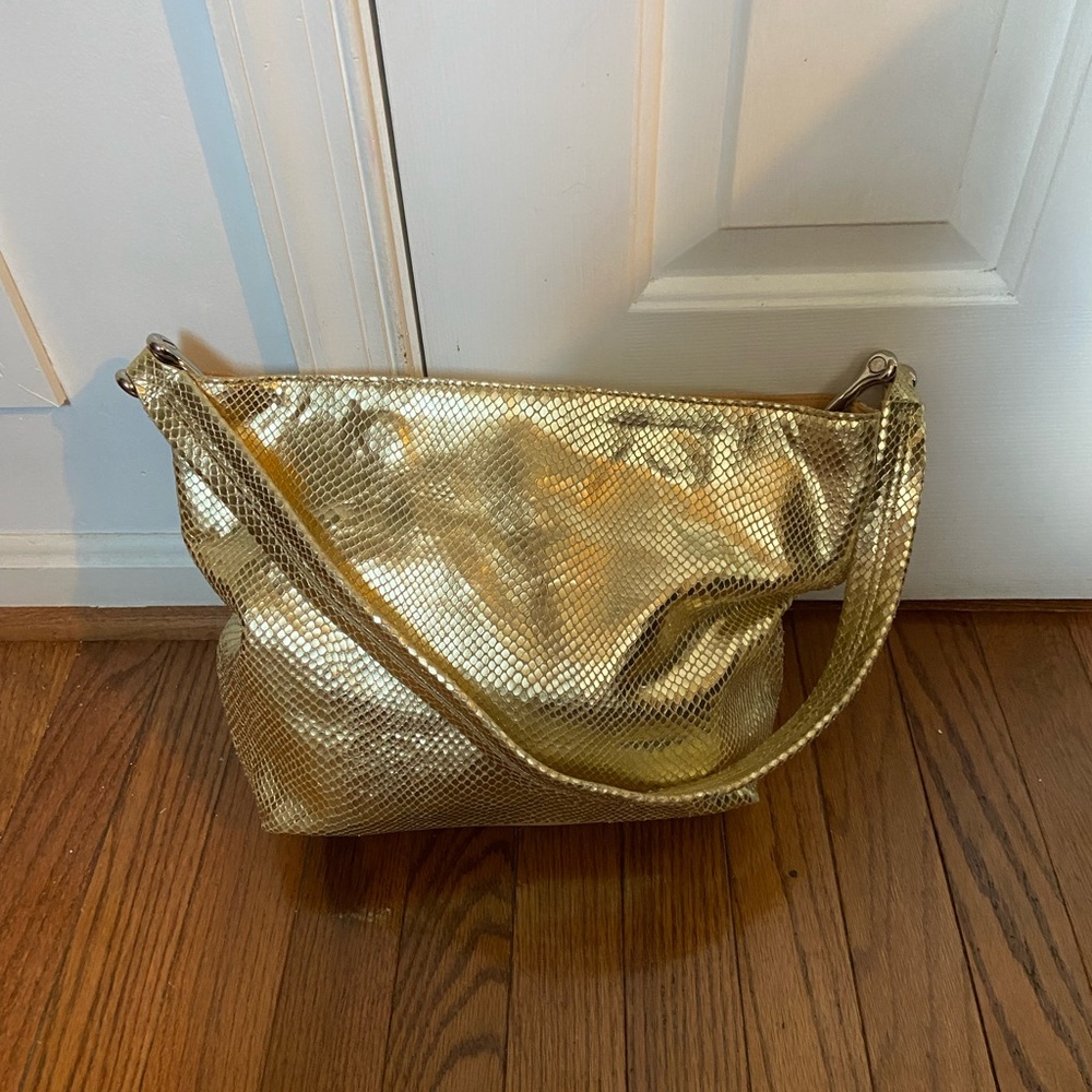 Adrienne Vittadini Shoulder Bag. Gold Color Faux Snake, Silver Tone Hardware